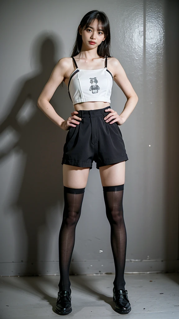 (8k、RAW Photos、highest quality、masterpiece:1.2)、(Realistic、Realistic)、1 girl、((Black shorts、Bustier、See-through、Knee socks、Standing with hands on hips))、Lots of eyelashes、Glowing eyelids、skeletally correct