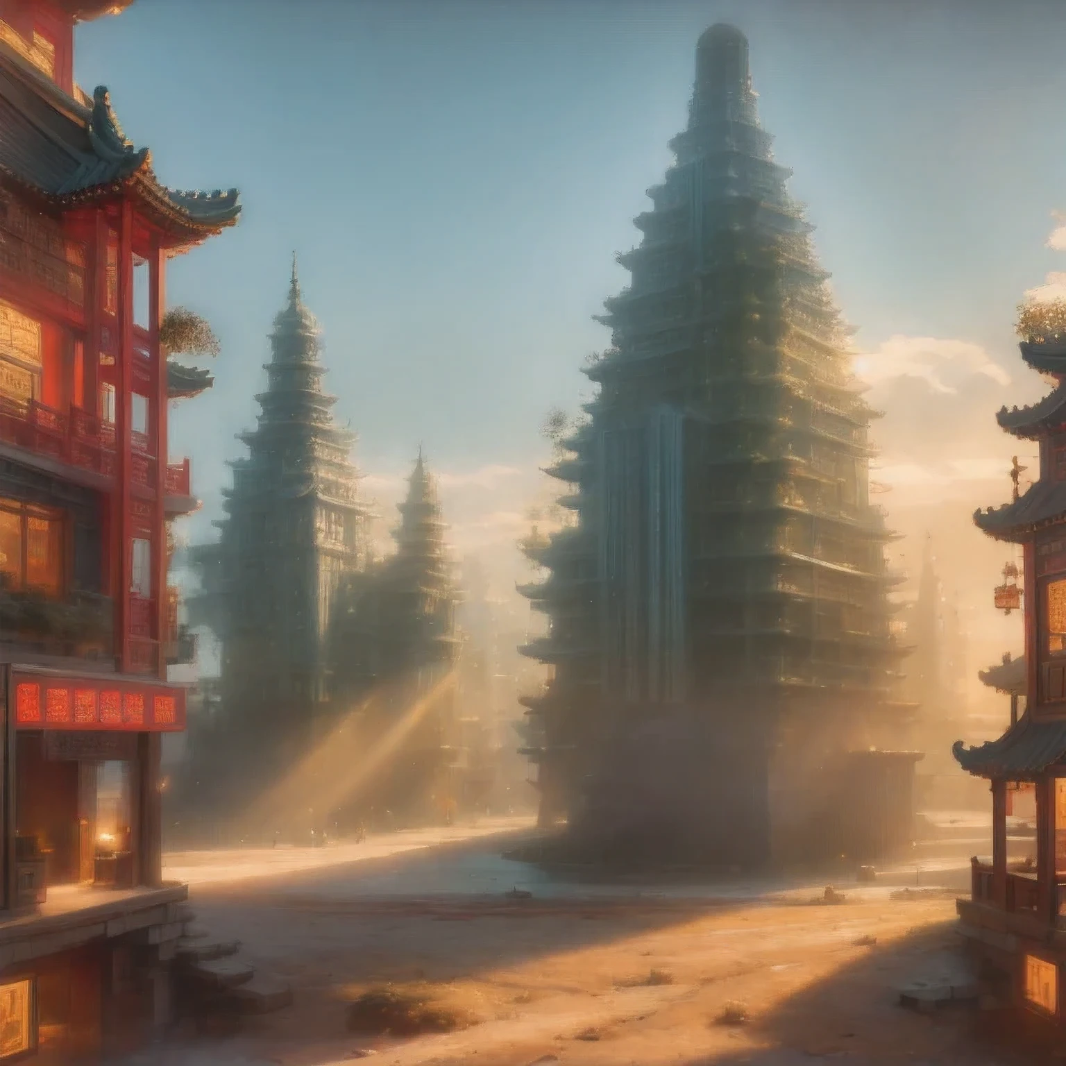 watercolor landscape，buildings in a city with a pagoda in the middle of the city, cyberpunk chinese ancient castle, watercolor，stylized urban fantasy artwork, dreamy chinese town, concept art ， highly rendered, game art matte painting, matte painting 4k 8k, cinematic. by leng jun, in a tropical and dystopic city, 8k matte painting, 8 k matte painting，（（（cyberpunk）））