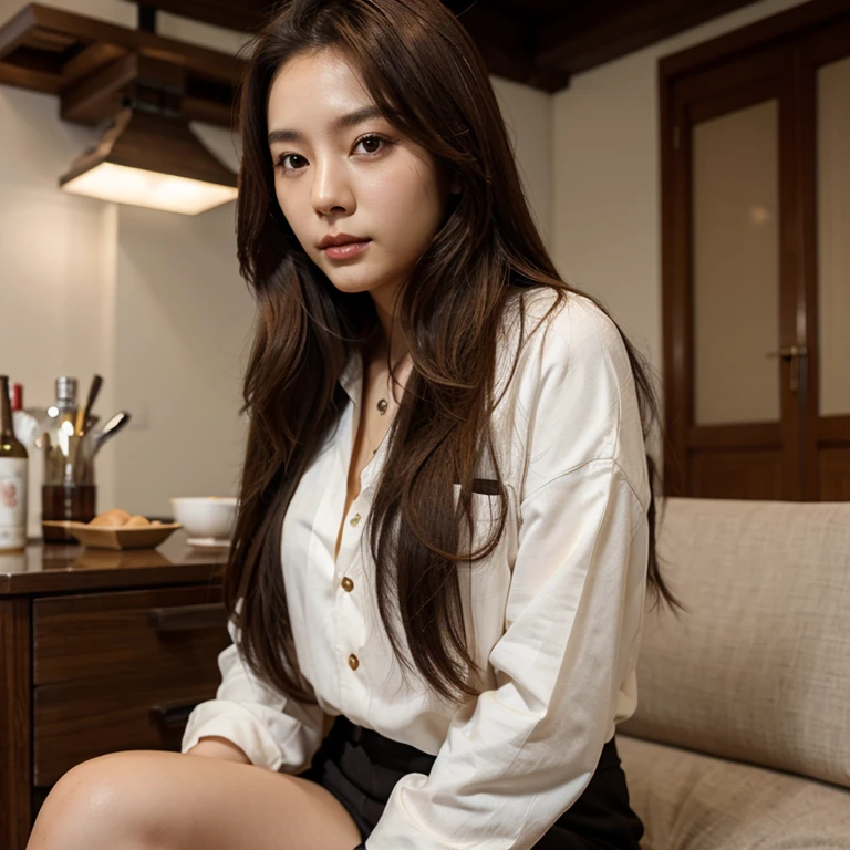 Korean woman with long brown hair 