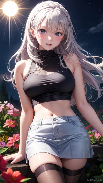 Emilia re:cero, Emilia, realista, 1 chica, pelo blanco, ojos morados, ojos brillantes, trenza de corona, pechos medianos, adorno para el pelo, x adorno para el pelo, flower adorno para el pelo, top corto, falda, Labios partidos, Rubor, noche, flores, sol, sollight,