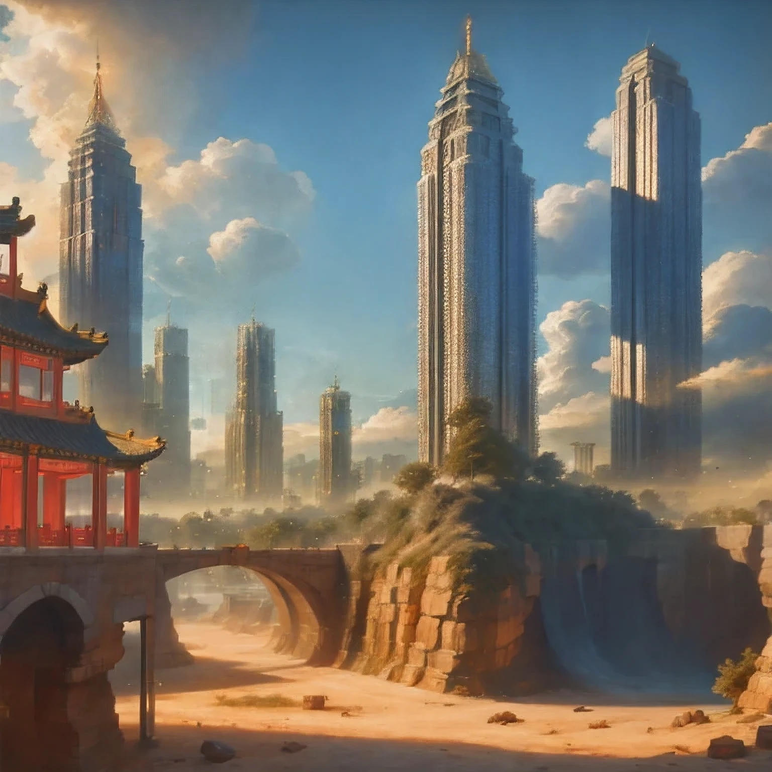 watercolor landscape，buildings in a city with a pagoda in the middle of the city, cyberpunk chinese ancient castle, watercolor，stylized urban fantasy artwork, dreamy chinese town, concept art ， highly rendered, game art matte painting, matte painting 4k 8k, cinematic. by leng jun, in a tropical and dystopic city, 8k matte painting, 8 k matte painting，（（（cyberpunk）））