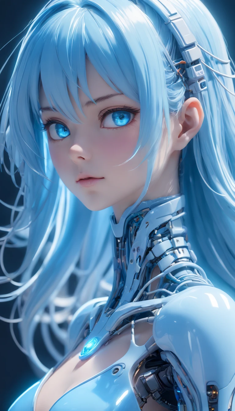 Complex 3d rendering of beautiful porcelain woman android face super detailed, cyborgs, roboticparts, 150mm, beautiful studio soft light, Rim Light, vibrant detail, luxuriouscyberpunk, Lace, hyper realisitic, Anatomical, electric wires, microchips, Elegant, Background Lab, Octane Render, h.R Giger Style, 8K,Light blue long hair,Translucent plastic body,Gently glowing eyes,blue eyess, Miki Asai Macro photography,Full body, Hyper Detailed, Trending on ArtStation, Sharp Focus, studio photo, Intricate details, Highly detailed, By Greg Rutkowski