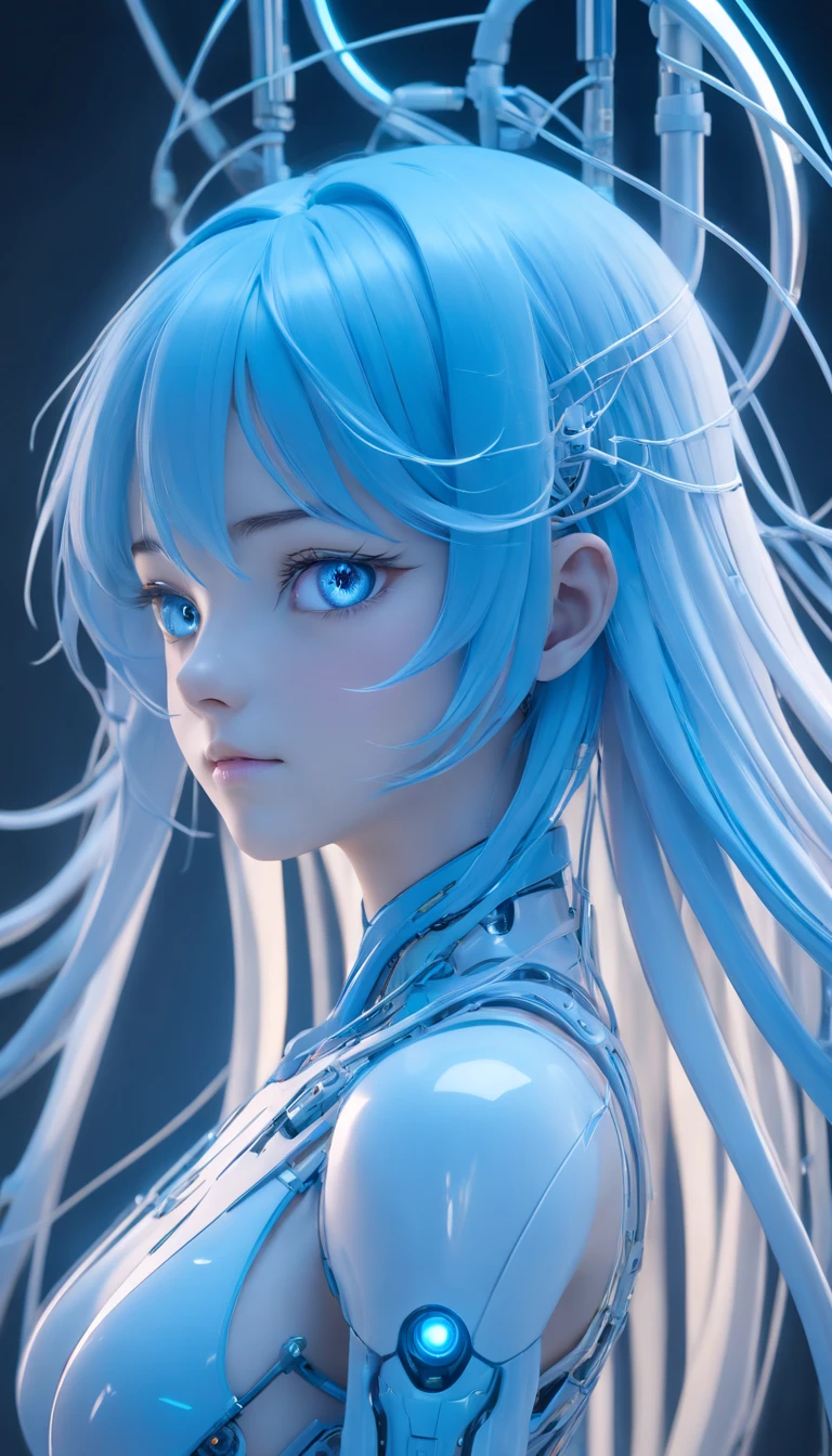Complex 3d rendering of beautiful porcelain woman android face super detailed, cyborgs, roboticparts, 150mm, beautiful studio soft light, Rim Light, vibrant detail, luxuriouscyberpunk, Lace, hyper realisitic, Anatomical, electric wires, microchips, Elegant, Background Lab, Octane Render, h.R Giger Style, 8K,Light blue long hair,Translucent plastic body,Gently glowing eyes,blue eyess, Miki Asai Macro photography,Full body, Hyper Detailed, Trending on ArtStation, Sharp Focus, studio photo, Intricate details, Highly detailed, By Greg Rutkowski