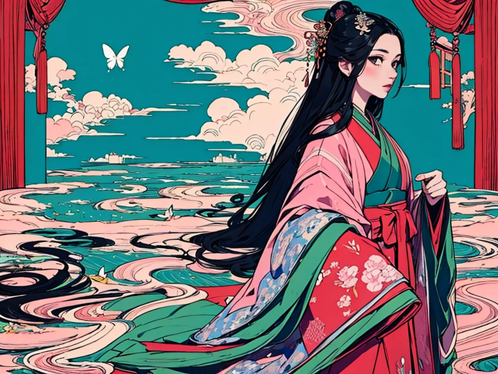 juunihitoe，(masterpiece, highest quality, highest quality，aesthetics:1.2)，From the side，Esbian all over，1300 years ago，Japan_Heian period，noble，１Beautiful Princess，Beautiful Skin，(Straight Hair　Long beautiful black hair　wealthy)，Beautiful round eyes，(kimono　Gentle pink hue　The beauty of layered colors)，Silk luster，Layered collar，Wide sleeves，Long hakama hem，dream-like，Elegant，highest quality，Beautiful graphics, Ultra Detail，butterfly，Fresh，The background is minimal，Image of a transparent robe，melt，Beyond eternity