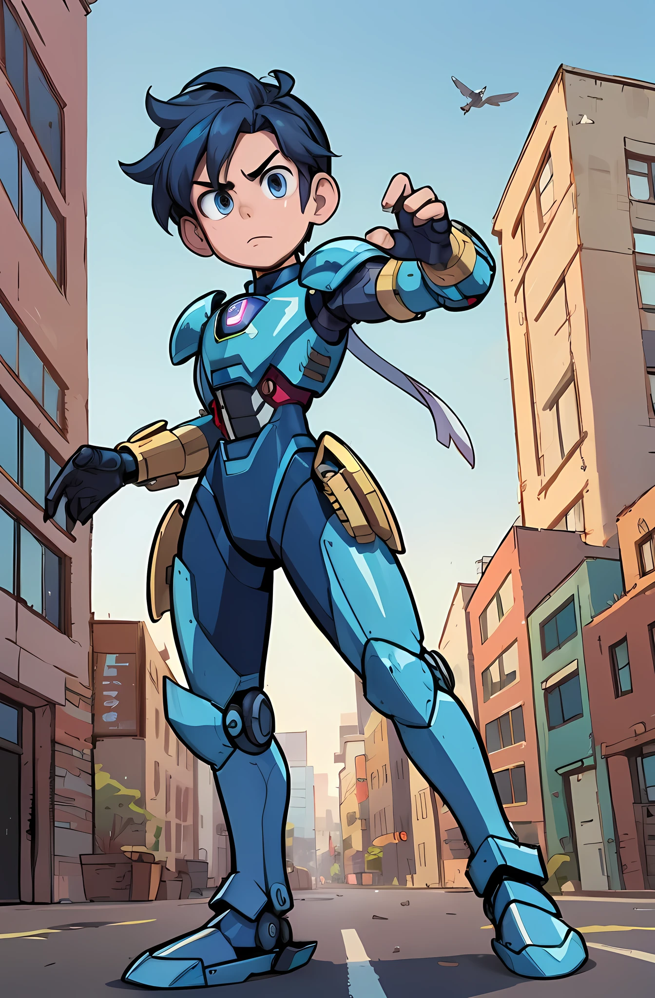 Imagem detalhada de desenho animado de um jovem em um armadura azul e dourado, boy with mecha cybernetic armor, garoto de armadura, nanoboy, Hero 2d Fanart Artsation, cyber fight armor, megaman, epic comic book style, ciborgue, garoto de anime do futuro, linda garoto ciborgue, cyber suit, Terno Mecha, android hero