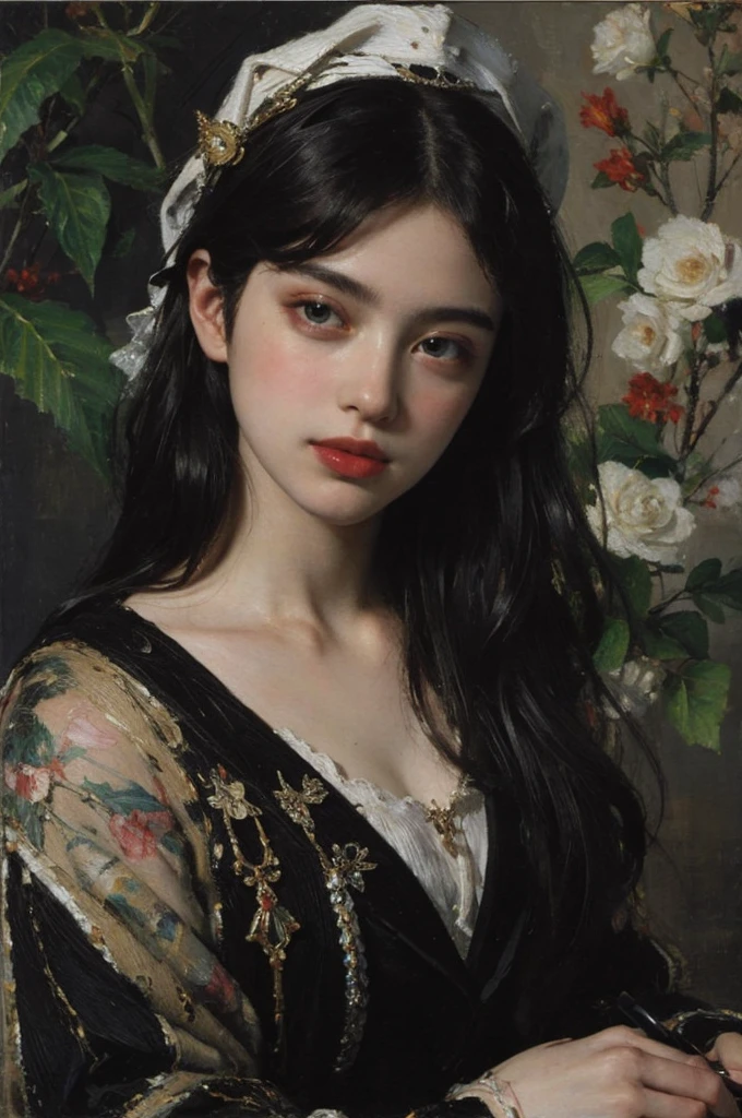 (Oil painting: 1.5),

\\

A woman with long black hair, (a detailed painting: 0.353), (Gothic art: 0.106)