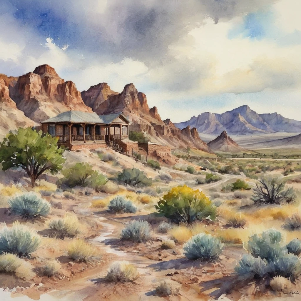 Out in the badlands of old El Paso, watercolor landscape