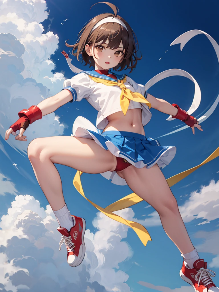 masterpiece, best quality, 1 girl, solo, , flat chest, brown eyes, brown hair, short hair, bangs, ahoge, headband, , puffy sleeves, crop top, yellow neckerchief, blue skirt, fingerless gloves, thighs, white socks, red footwear, full body, high kick panty shot,