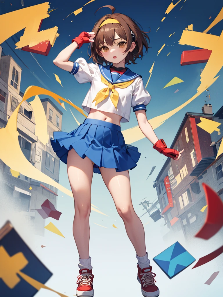 masterpiece, best quality, 1 girl, solo, , flat chest, brown eyes, brown hair, short hair, bangs, ahoge, headband, , puffy sleeves, crop top, yellow neckerchief, blue skirt, fingerless gloves, thighs, white socks, red footwear, full body, high kick panty shot,