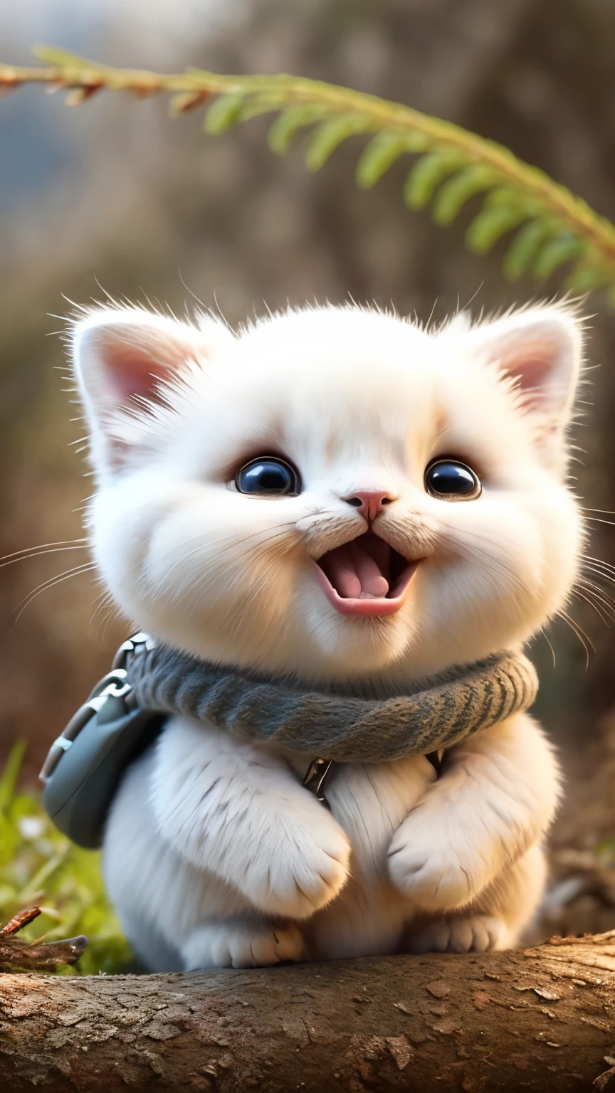 Fluffy cat sitting near the roots of a tree in the middle of the mountain, cute, open mouth happy face