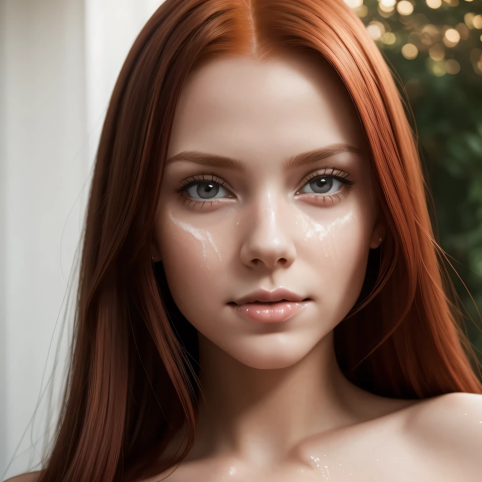 young girl,  redhead,  cinematic, The portrait showcases a young (redhead girl:1.6) with a shy and innocent demeanor,  blueish eyes,  sensual slim face,   photo, focus  on eyes,instagram influencer,extreme close up,  from up, pov (((cum on body:1.4))) , ((( real cum on face,realistic  cum dripping all over face:1.4))), ((( bukkake )))  ,blue eyes,  ((redhead)) slavic girl(((slim body, slim waist))) red hair, big tits (confident expression:1.2),  big lips,  naked,  BIG TITS and shorts,  Her hair is styled sleek and straight,  elegantly framing her face with  adorable long hairl .Her face is illuminated by gentle lighting,  highlighting her delicate features. The girl's eyes sparkle with a hint of curiosity and her lips form a subtle,  shy smile. The background consists of a ourtoor nature autum scenery muted and warm-toned setting,  providing a calm and serene atmosphere. The composition focuses on the girl's face,  capturing the intricate details of her flawless skin,  The overall image exudes a sense of tranquility and captures the innocence and gentleness of youth