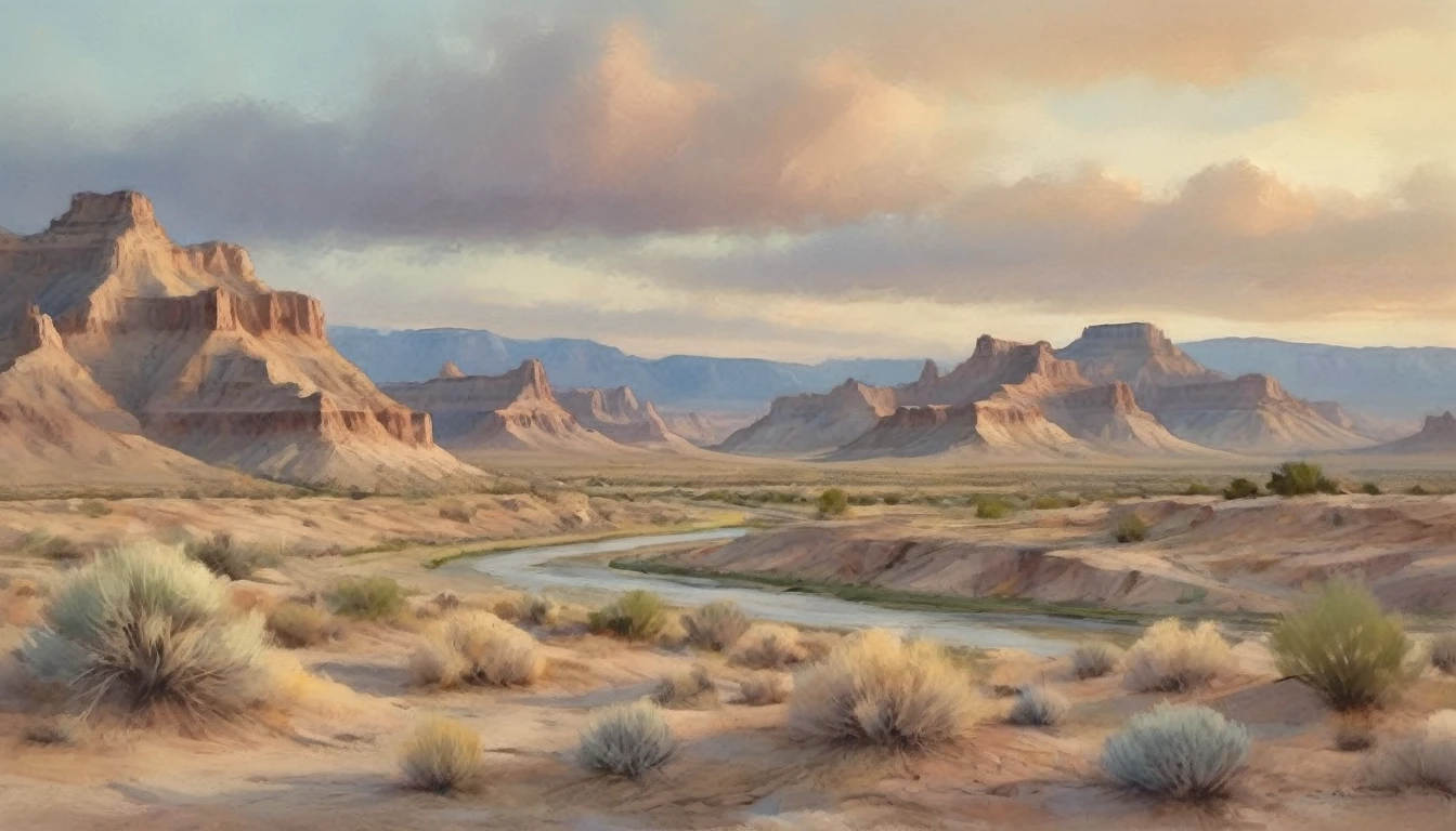 a vast badlands landscape, old El Paso desert, dramatic rocky formations, winding river, weathered adobe buildings, scattered tumbleweeds, warm evening light, watercolor painting style, soft pastel colors, atmospheric haze, detailed textural elements, serene and tranquil mood, painterly brushstrokes, high quality, 8k, photorealistic