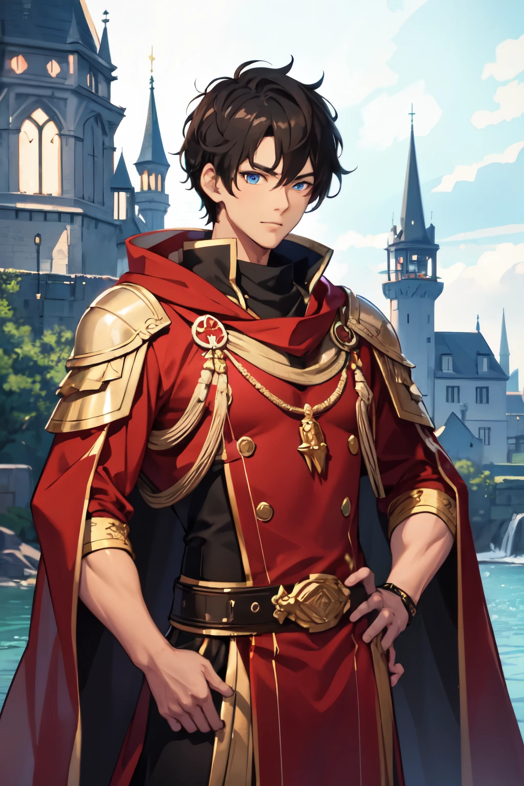 handsome man, short black hair, blue eyes, tanned skin, red wizard outfit, strong body, inside the castle, high quality