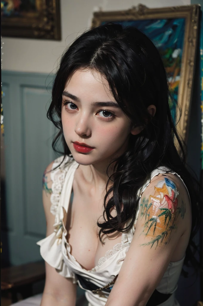 (masterpiece, top quality, best quality,8k, girl,ultra detailed,raw photo:1.5),(photorealistic:1.4),(cinematic lighting), PerfectNwsjMajic, , Surrealism, UHD, ccurate, Super detail, textured skin, High detail, Best quality, dynamic angle, (high nose,White skin),[Beautiful eyes],[flat chest:large breasts:0.5],(1girl),(good anatomy:0.5)),(Oil painting: 1.5),

\\

A woman with long black hair,(cocotte dress, victoria,victorian, France), (a detailed painting: 0.353), (Gothic art: 0.106)
