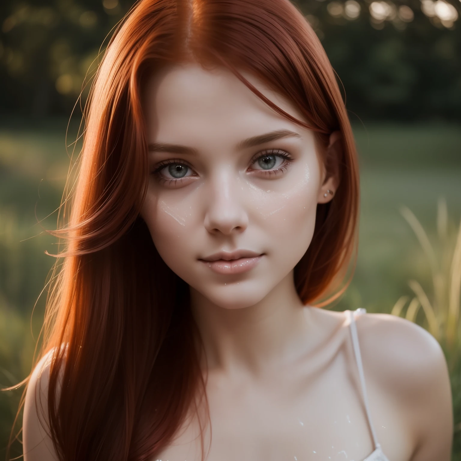 young girl, redhead, cinematic, The portrait showcases a young (redhead girl:1.6) with a shy and innocent demeanor, blueish eyes, sensual slim face, photo, focus on eyes,instagram influencer,extreme close up, from up, pov (((cum on body:1.4))) , ((( real cum on face,realistic cum dripping all over face:1.4))), ((( bukkake ))) ,blue eyes, ((redhead)) slavic girl(((slim body, slim waist))) red hair, big tits (confident expression:1.2), big lips, naked, BIG TITS and shorts, Her hair is styled sleek and straight, elegantly framing her face with adorable long hairl .Her face is illuminated by gentle lighting, highlighting her delicate features. The girl's eyes sparkle with a hint of curiosity and her lips form a subtle, shy smile. The background consists of a ourtoor nature autum scenery muted and warm-toned setting, providing a calm and serene atmosphere. The composition focuses on the girl's face, capturing the intricate details of her flawless skin, The overall image exudes a sense of tranquility and captures the innocence and gentleness of youth