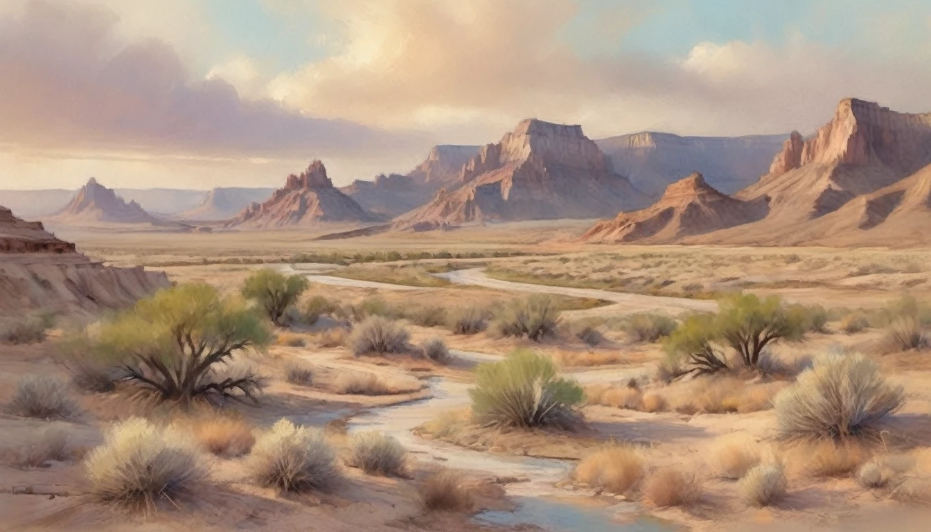 a vast badlands landscape, old El Paso desert, dramatic rocky formations, winding river, weathered adobe buildings, scattered tumbleweeds, warm evening light, watercolor painting style, soft pastel colors, atmospheric haze, detailed textural elements, serene and tranquil mood, painterly brushstrokes, high quality, 8k, photorealistic