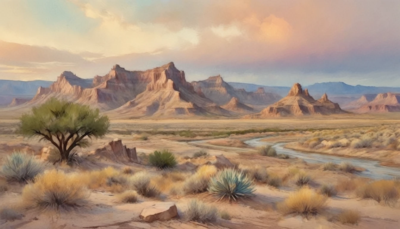 a vast badlands landscape, old El Paso desert, dramatic rocky formations, winding river, weathered adobe buildings, scattered tumbleweeds, warm evening light, watercolor painting style, soft pastel colors, atmospheric haze, detailed textural elements, serene and tranquil mood, painterly brushstrokes, high quality, 8k, photorealistic