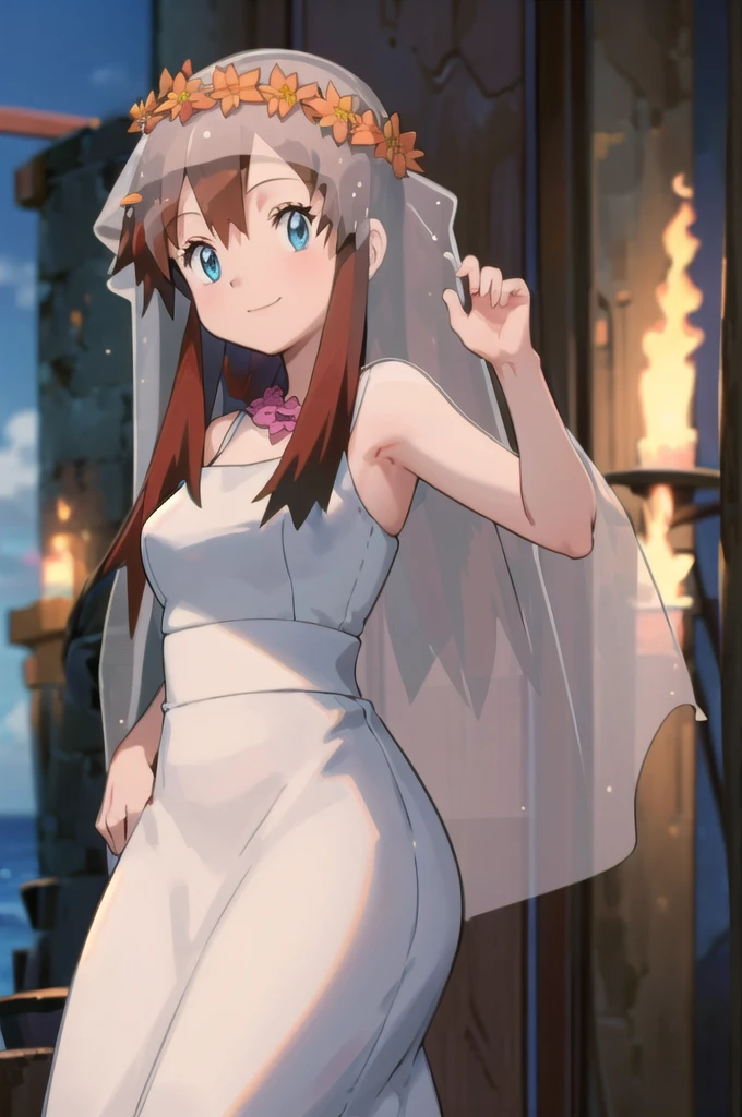 ((masterpiece, best quality)), anime style, Melody_Pokemon,  blue eyes, long hair, brown hair,  white dress,  bridal veil, flowers, head wreath, solo, smiling, looking at viewer, cowboy shot,, curvy,,