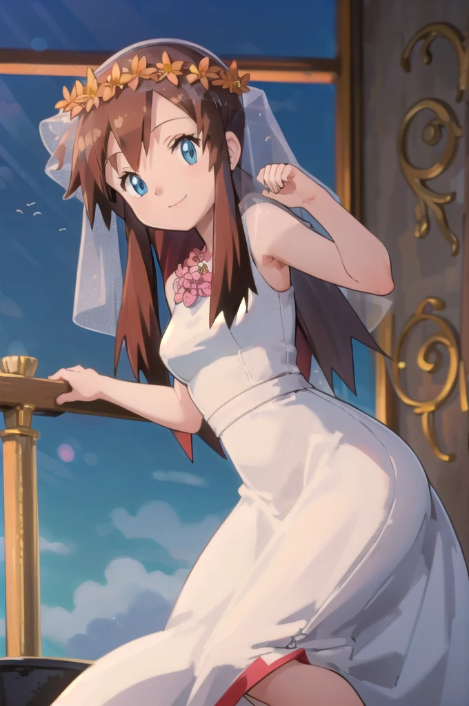 ((masterpiece, best quality)), anime style, Melody_Pokemon,  blue eyes, long hair, brown hair,  white dress,  bridal veil, flowers, head wreath, solo, smiling, looking at viewer, cowboy shot,, curvy,,