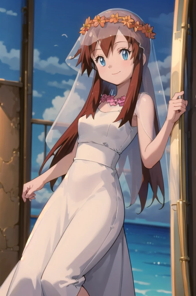 ((masterpiece, best quality)), anime style, Melody_Pokemon,  blue eyes, long hair, brown hair,  white dress,  bridal veil, flowers, head wreath, solo, smiling, looking at viewer, cowboy shot,, curvy,,