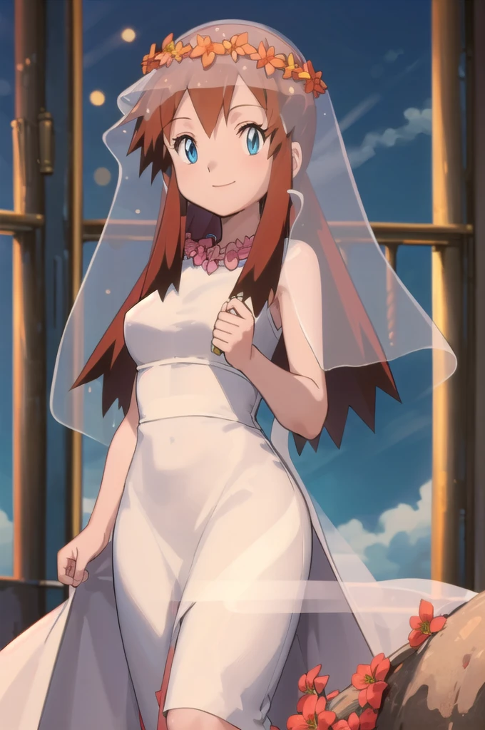 ((masterpiece, best quality)), anime style, Melody_Pokemon,  blue eyes, long hair, brown hair,  white dress,  bridal veil, flowers, head wreath, solo, smiling, looking at viewer, cowboy shot,, curvy,,