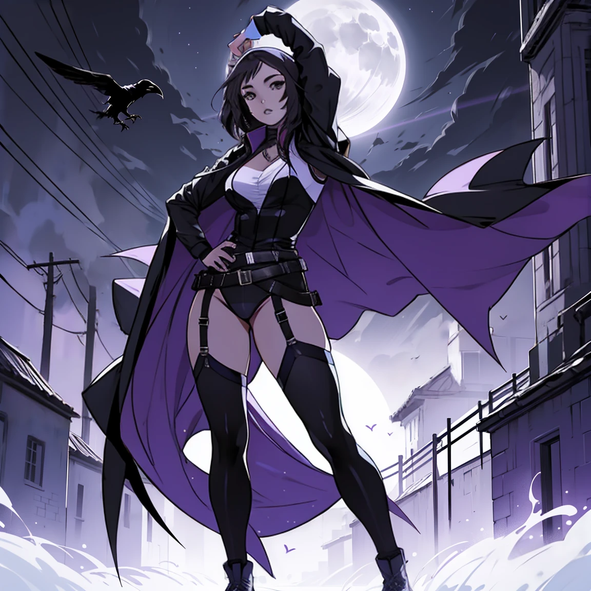 ((1girl)), (solo), raven, black leotard, black cape, hood, purple hair, forehead jewel, purple eyes, short hair, belt, skin tight, standing, cleavage, toned, breasts, pose, night, moonlight, ((posing)), motion lines, full body, portrait, b&w. outline,