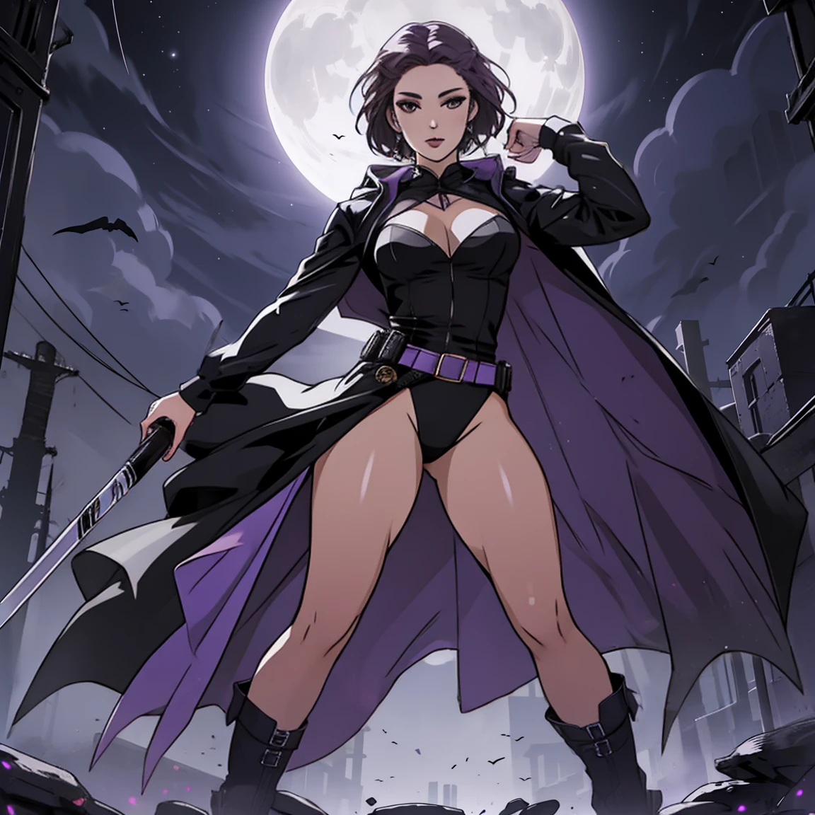 ((1girl)), (solo), raven, black leotard, black cape, hood, purple hair, forehead jewel, purple eyes, short hair, belt, skin tight, standing, cleavage, toned, breasts, pose, night, moonlight, ((posing)), motion lines, full body, portrait, b&w. outline,