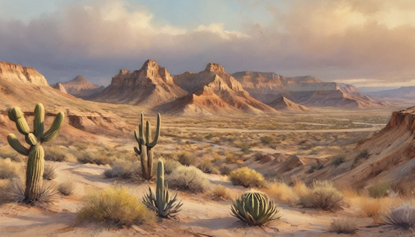 a beautiful detailed watercolor landscape of the badlands of old El Paso, dramatic desert scenery with rocky cliffs, winding canyons, dry riverbeds, scattered shrubs and cacti, golden hour lighting, warm color palette, vivid colors, muted tones, soft blending, painterly style, atmospheric haze, sense of vastness and isolation, (best quality,8k,highres,masterpiece:1.2),ultra-detailed,(realistic,photorealistic,photo-realistic:1.37),landscape