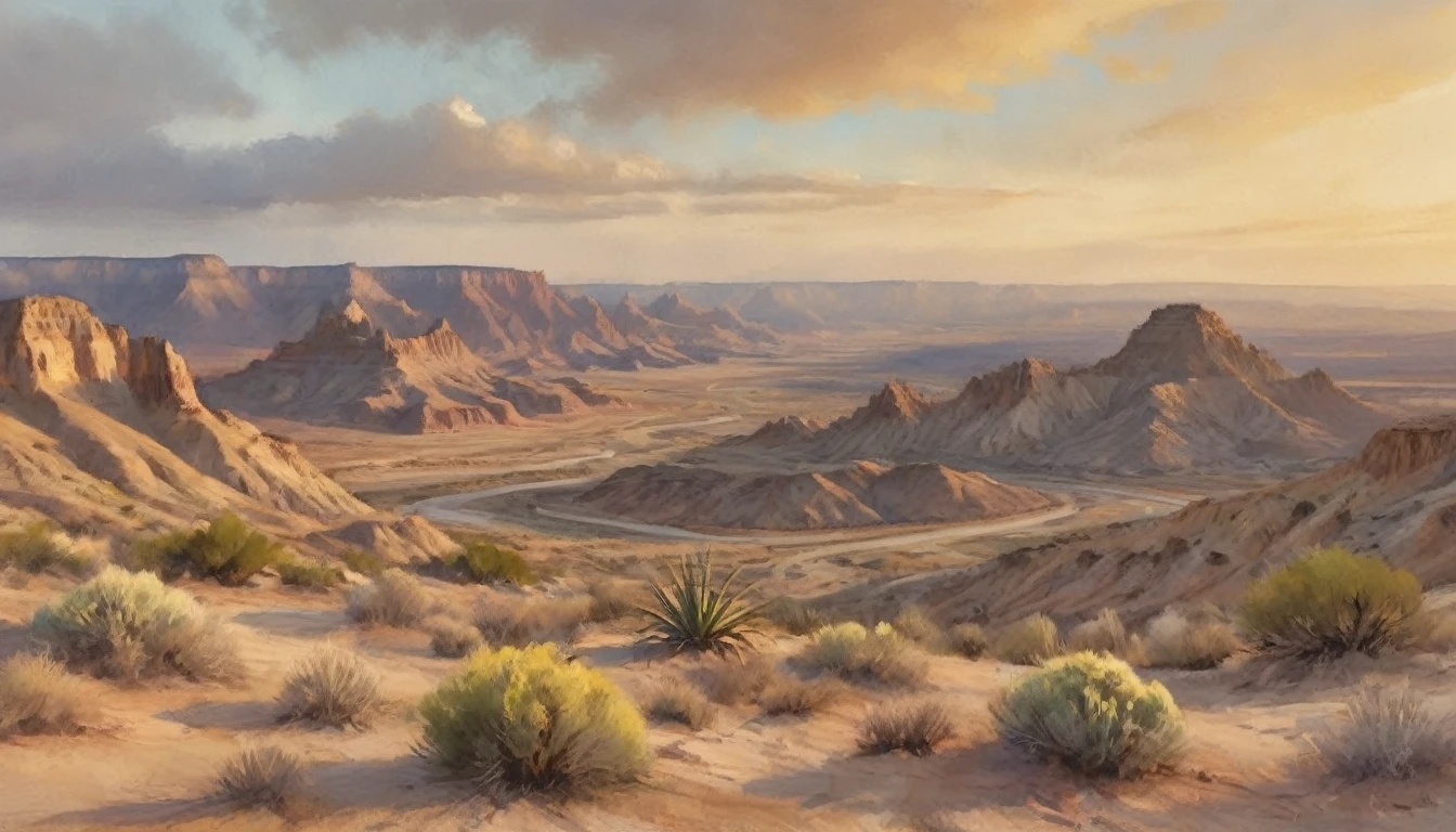 a beautiful detailed watercolor landscape of the badlands of old El Paso, dramatic desert scenery with rocky cliffs, winding canyons, dry riverbeds, scattered shrubs and cacti, golden hour lighting, warm color palette, vivid colors, muted tones, soft blending, painterly style, atmospheric haze, sense of vastness and isolation, (best quality,8k,highres,masterpiece:1.2),ultra-detailed,(realistic,photorealistic,photo-realistic:1.37),landscape