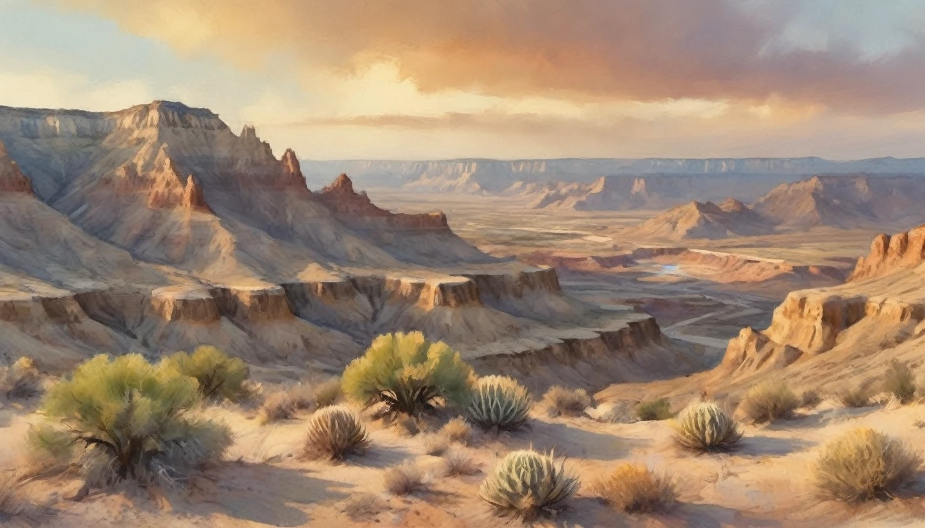 a beautiful detailed watercolor landscape of the badlands of old El Paso, dramatic desert scenery with rocky cliffs, winding canyons, dry riverbeds, scattered shrubs and cacti, golden hour lighting, warm color palette, vivid colors, muted tones, soft blending, painterly style, atmospheric haze, sense of vastness and isolation, (best quality,8k,highres,masterpiece:1.2),ultra-detailed,(realistic,photorealistic,photo-realistic:1.37),landscape