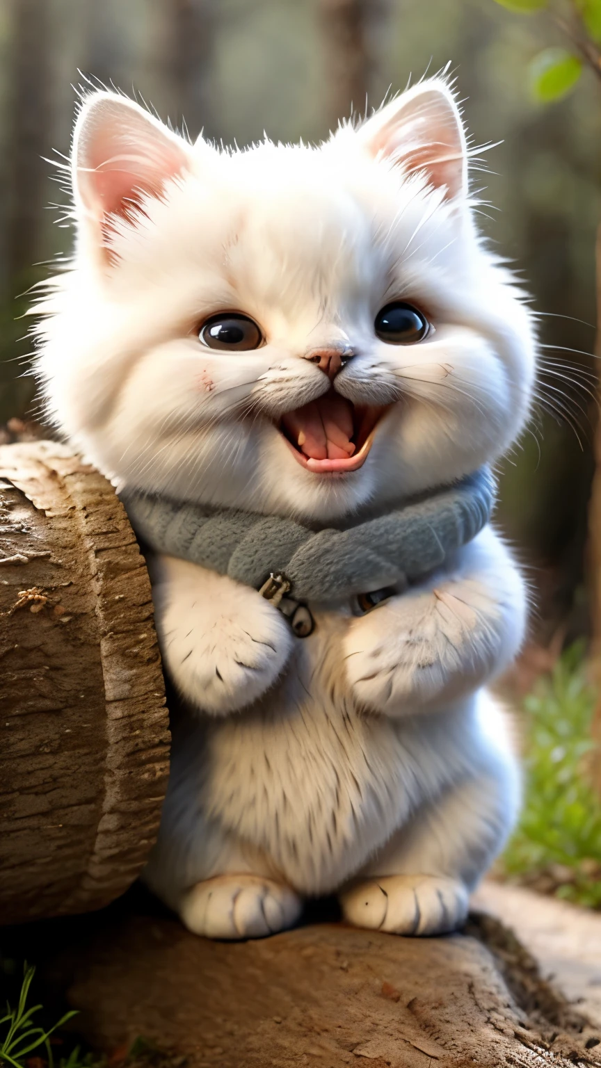 Fluffy cat sitting near the roots of a tree in the middle of the mountain, cute, open mouth happy face