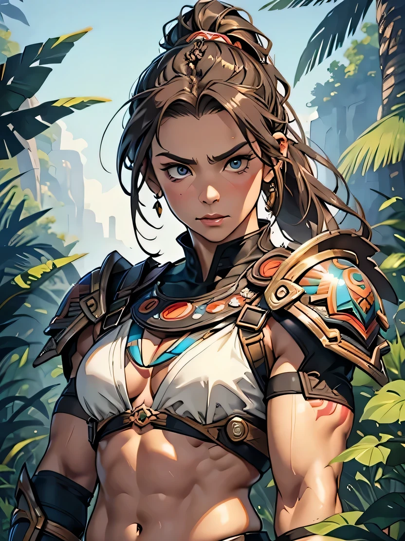 ((Masterpiece, top quality, super detailed, high resolution, sharp focus)), ((one girl, mature woman, face light, bust shot)), big eyes and face, strong physique, savage woman, long hair, ponytail, looking up, bored expression, dreadlocks, braids, warrior armor, straps, gauntlets, dark brown skin, tattoos, belly button, toned abs, sweaty skin, thick Tight chest, broad shoulders, arm muscles, leg muscles, war paint, jungle background, looking at viewer, detailed hand depiction, aztec, science fiction, neon light, mechanical, feathers, SlightMuscle