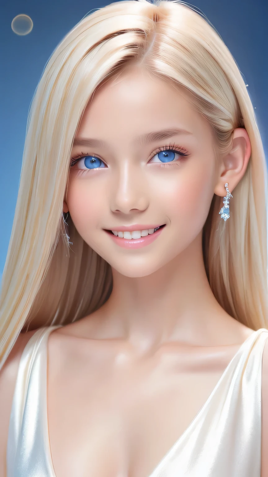 Portrait、、Bright expression、ponytail、Young shiny glossy white glossy skin、Great looks、Blonde reflection、Platinum blonde hair with dazzling highlights、Shiny bright hair,、Smooth, super long, straight hair、Shiny beautiful bangs、Sparkling, crystal clear, attractive big blue eyes、Very beautiful, lovely and cute 16 year old girl、Ample Bust、Healthy Skin、