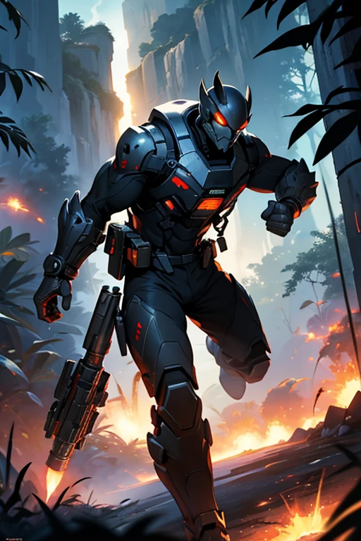 battle on an alien planet,fortified area in the jungle,jet aircraft shooting,armored vehicles of anthropomorphic crabocentaurs in a high-tech combat nanobron firing high-tech high-speed automatic large-caliber guns ,fiery flashes of shots,fiery trails,rocket launches,fiery flashes in
explosions
, fine detail, professional photography,FULL HD quality,realistic,Gothic style,high-tech style,the style of anthropomorphic crabs