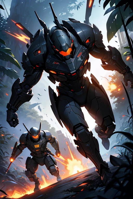 battle on an alien planet,fortified area in the jungle,jet aircraft shooting,armored vehicles of anthropomorphic crabocentaurs in a high-tech combat nanobron firing high-tech high-speed automatic large-caliber guns ,fiery flashes of shots,fiery trails,rocket launches,fiery flashes in
explosions
, fine detail, professional photography,FULL HD quality,realistic,Gothic style,high-tech style,the style of anthropomorphic crabs