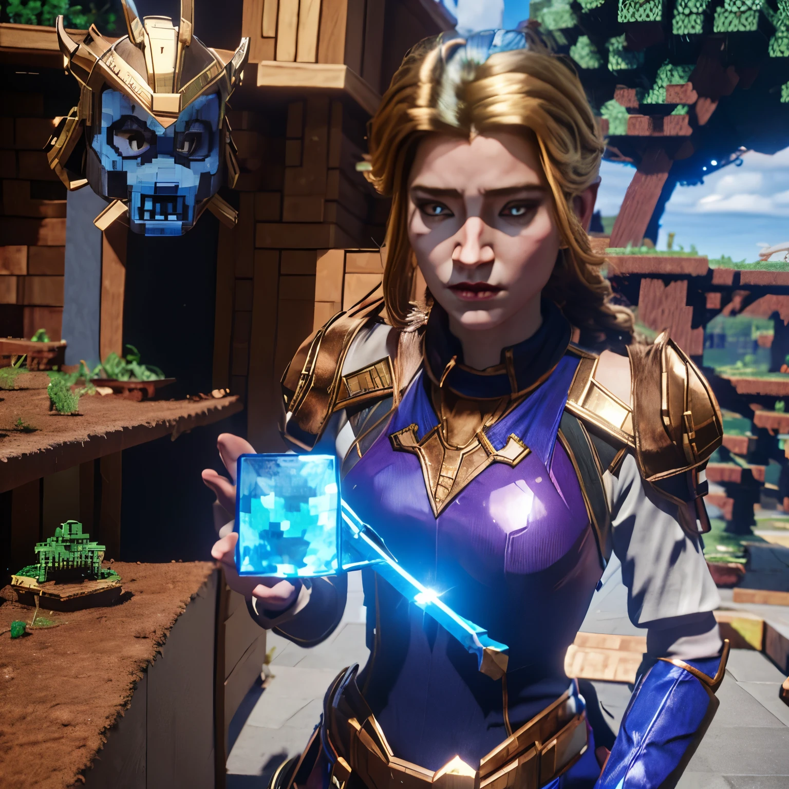 A man wearing avaritia armor((from Minecraft))(in real life)(detailed, shiny, perfect)with blonde long braid under the helmet (detailed, perfect)