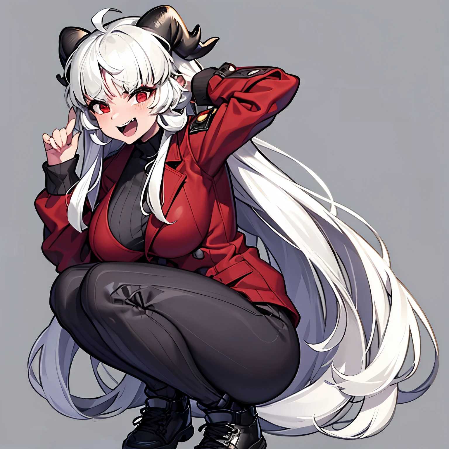 malina(helltaker), large breasts, pants, teeth, black horns, white hair, grey background, black footwear, jacket, short hair, squatting, track jacket, demon horns, demon girl, open mouth, solo, demon tail, looking at viewer, 1girl, red jacket, sneakers, red eyes, ahoge, shoes, simple background, horns, tail