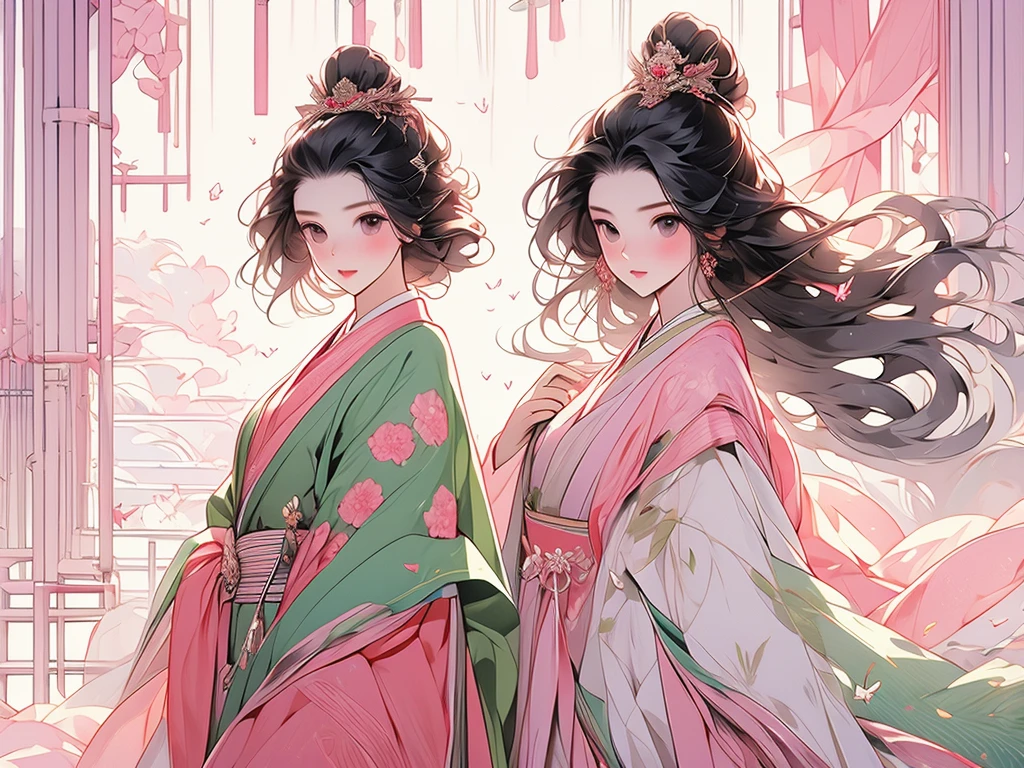 juunihitoe,(masterpiece, highest quality, highest quality,aesthetics:1.2),From the side,Esbian all over,1300 years ago,Japan_Heian period,noble,1Beautiful Princess,Beautiful Skin,(Straight Hair Long beautiful black hair wealthy),Beautiful round eyes,(kimono Gentle pink hue The beauty of layered colors),Silk luster,Layered collar,Wide sleeves,Long hakama hem,dream-like,Elegant,highest quality,Beautiful graphics, Ultra Detail,butterfly,Fresh,The background is minimal,Image of a transparent robe,melt,Beyond eternity