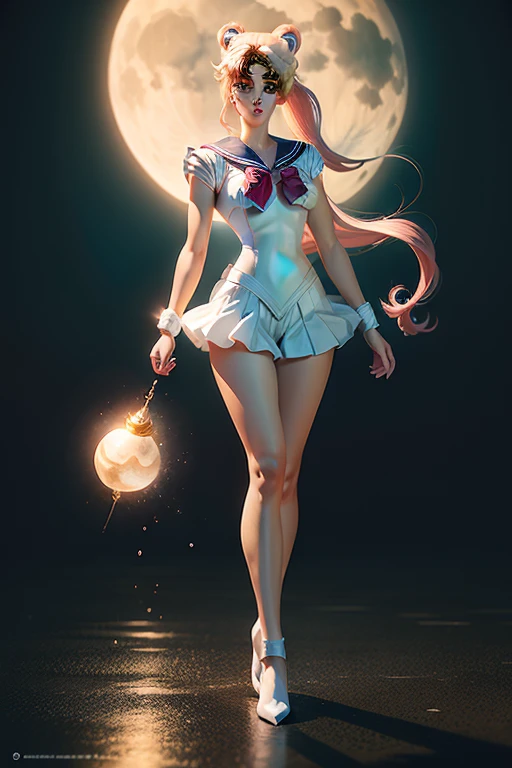 Full Body photorealistic shots of beautiful Sailor moon. Aesthetic, life-like, in action