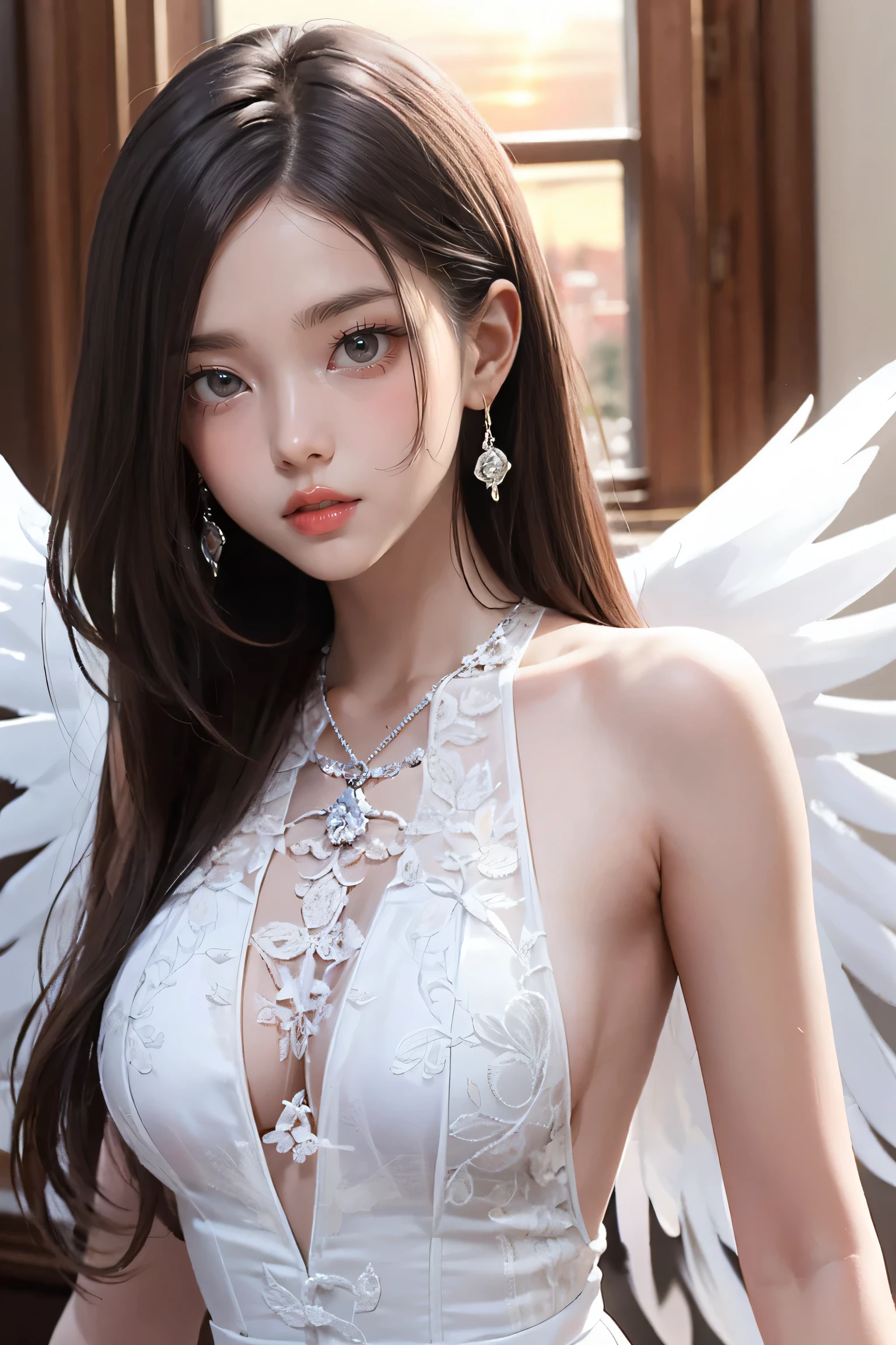 highest quality, 20-year-old woman, Mid-chest, Brown long hair, blue eyes, A revealing thin white dress, sunset, Upper Body, sexy, Angelic, Thin fabric, See through, God's Rays, Fluffy Clouds, Colorful flower garden, (((Tight waist))), ((Big Breasts)),(See-through),panties