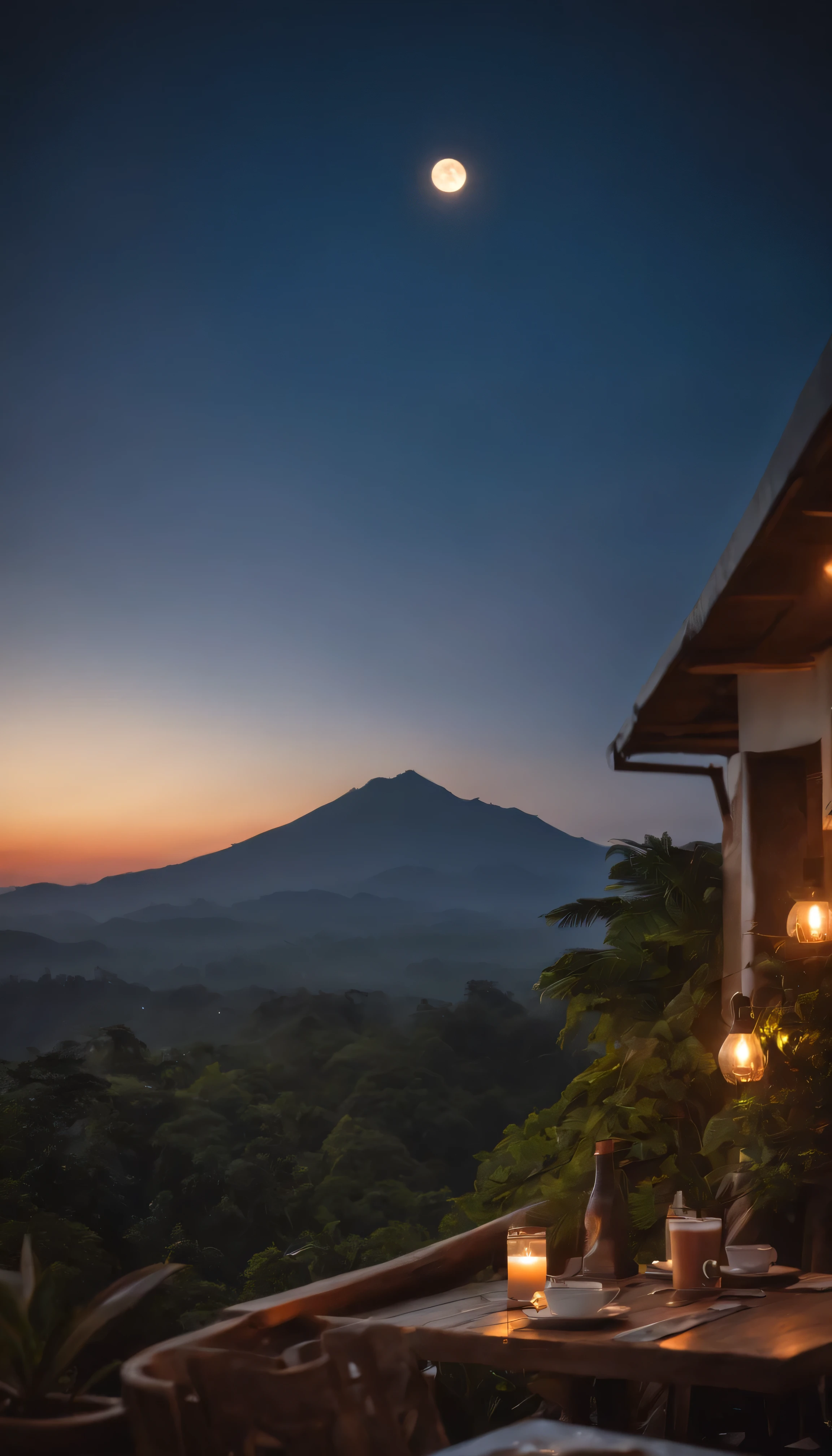 Bogor peak, night view, peak lights, Moon, sunset, sitting in the cafe