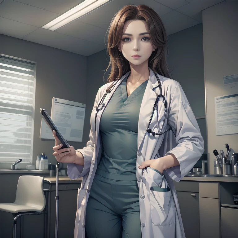 Marla Sucharetza, Sexy doctor, Curly auburn hair, Blue eyes, Standing, ((doctors office)), sharp outline, a natural female, 35 year old, Best Quality, masterpiece, doctor_uniform, labcoat, stethoscope, doctor,scrub top, tight scrubs, scrub trousersdoctor_uniform, labcoat, stethoscope, doctor