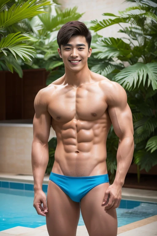 A handsome men ,20 age , Short Hair Hair, korea , Student，(((Wear a sexy bikini...........................))),  front-view, lying, shirtless, lifted arms, pubes, spread legs, smile ,Pectoral muscles, Wide shoulders ,athlete , Full body,  pool backgrounf