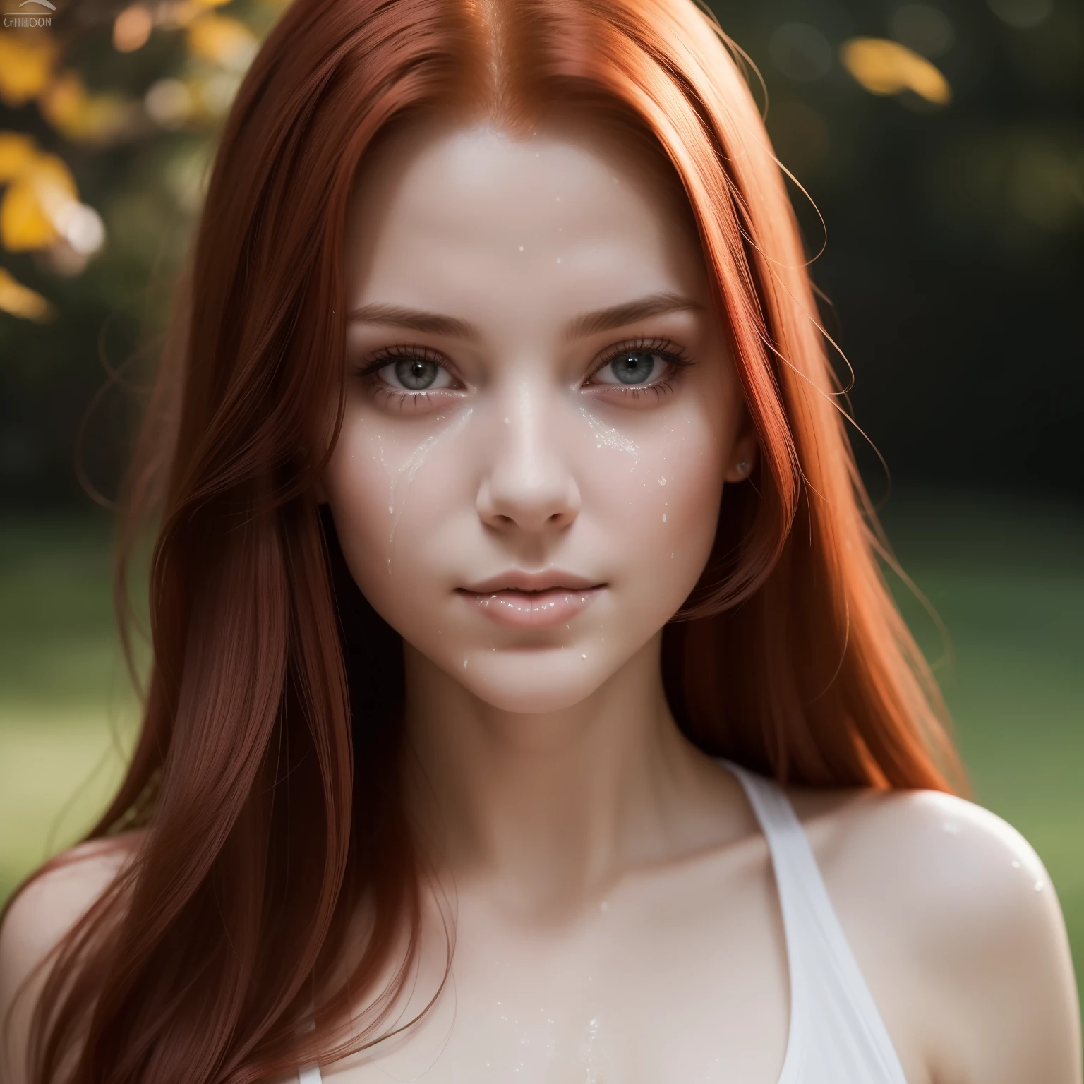 young girl, redhead, cinematic, The portrait showcases a young (redhead girl:1.6) with a shy and innocent demeanor, blueish eyes, sensual slim face, photo, focus on eyes,instagram influencer,extreme close up, from up, pov (((cum on body:1.4))) , ((( real cum on face,realistic cum dripping all over face:1.4))), ((( bukkake ))) ,blue eyes, ((redhead)) slavic girl(((slim body, slim waist))) red hair, big tits (confident expression:1.2), big lips, naked, BIG TITS and shorts, Her hair is styled sleek and straight, elegantly framing her face with adorable long hairl .Her face is illuminated by gentle lighting, highlighting her delicate features. The girl's eyes sparkle with a hint of curiosity and her lips form a subtle, shy smile. The background consists of a ourtoor nature autum scenery muted and warm-toned setting, providing a calm and serene atmosphere. The composition focuses on the girl's face, capturing the intricate details of her flawless skin, The overall image exudes a sense of tranquility and captures the innocence and gentleness of youth