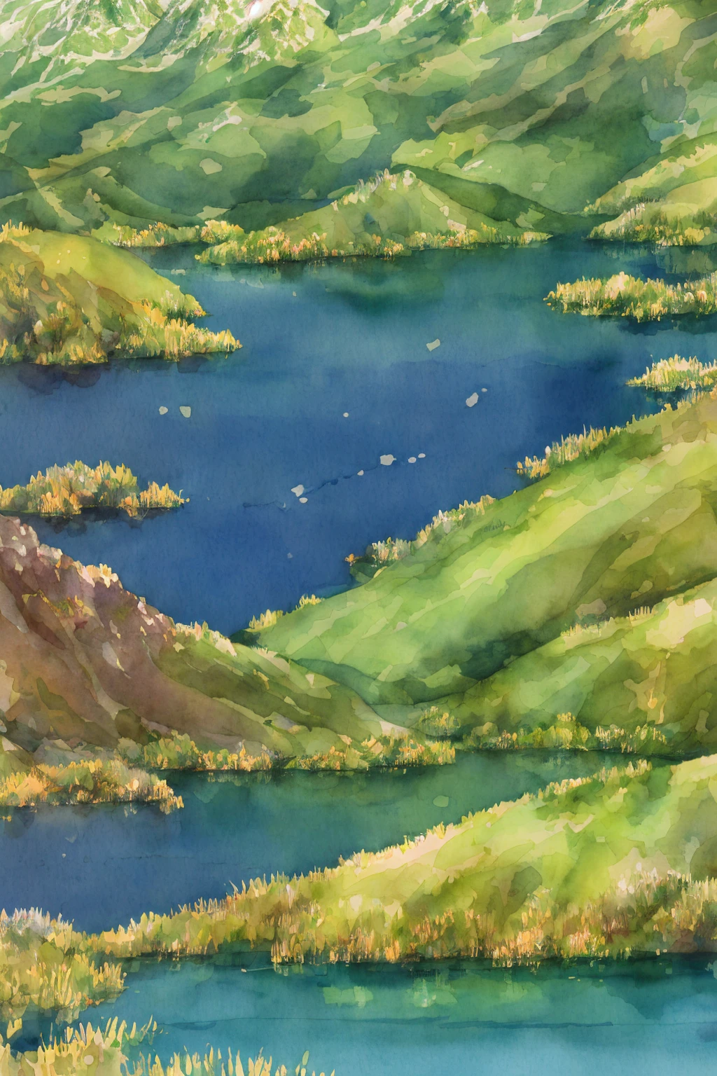 detailed watercolor landscape, pastel colors, lush greenery, rolling hills, vibrant flowers, serene lake, wispy clouds, warm sunlight, ethereal atmosphere, soft brushstrokes, dreamlike quality, masterpiece, 8k, high resolution, photorealistic