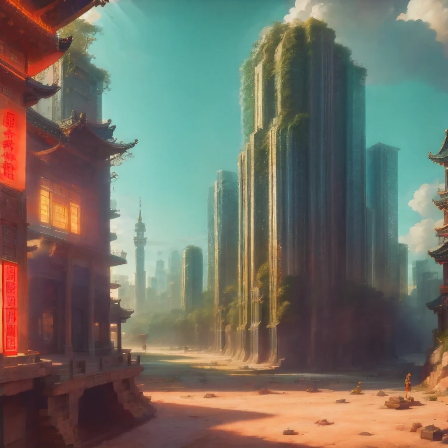 watercolor landscape，buildings in a city with a pagoda in the middle of the city, cyberpunk chinese ancient castle, watercolor，stylized urban fantasy artwork, dreamy chinese town, concept art ， highly rendered, game art matte painting, matte painting 4k 8k, cinematic. by leng jun, in a tropical and dystopic city, 8k matte painting, 8 k matte painting，（（（cyberpunk）））