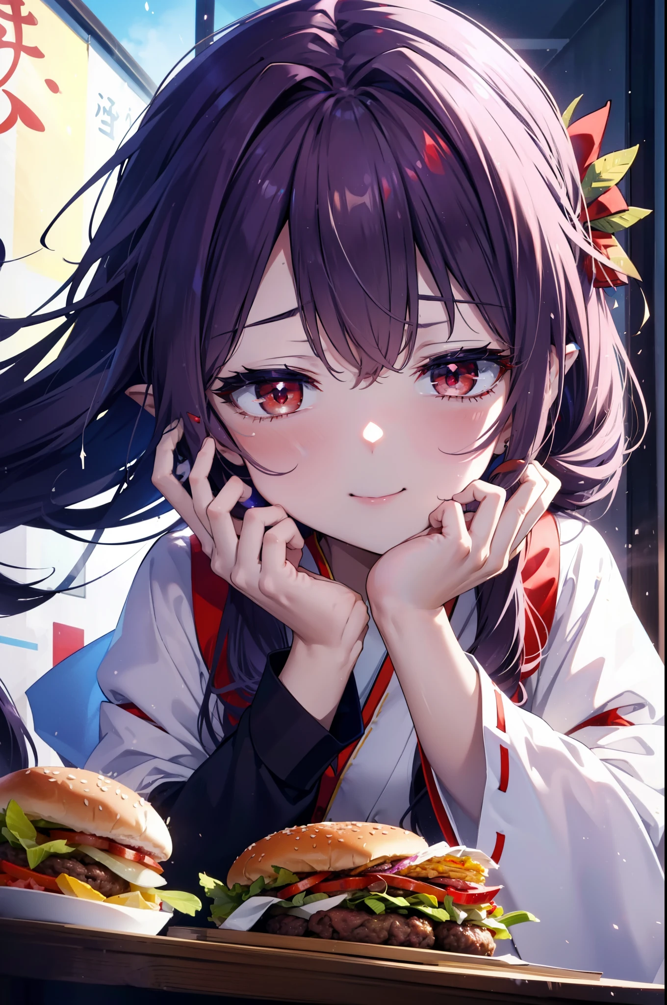 yuukikonno, Konno Yuuki, hair band, Long Hair, Pointed Ears, Purple Hair, (Red eyes:1.5), (Small breasts:1.2), Open your mouth,appy smile, smile, Shut your mouth.,
Bellflower,Shrine maiden,white kimono, Red too,kimono, Same as skirt, Wide sleeves, Long sleeve, Thick sleeves,Red too,White tabi,Sandals,Ribbon Trim Sleeve, Low Ponytail, noon,sunny,background,blue sky,The viewer is 星ing at a pile of burgers on a table., Are standing, 
break looking at viewer, Upper Body, whole body,
break indoors, Burger Shop,
break (masterpiece:1.2), highest quality, High resolution, unity 8k wallpaper, (shape:0.8), (Beautiful and beautiful eyes:1.6), Highly detailed face, Perfect lighting, Extremely detailed CG, (Perfect hands, Perfect Anatomy),