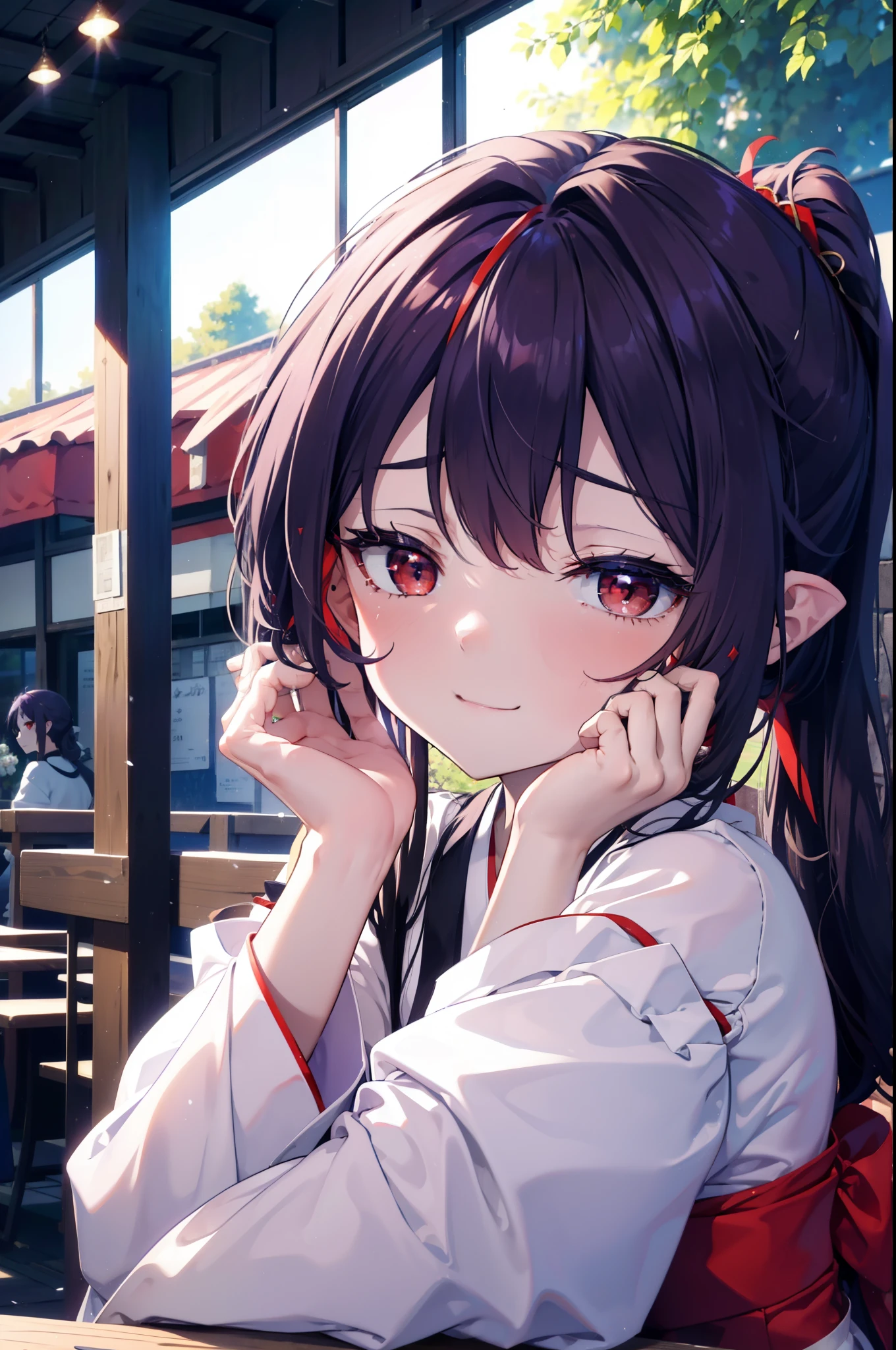 yuukikonno, Konno Yuuki, hair band, Long Hair, Pointed Ears, Purple Hair, (Red eyes:1.5), (Small breasts:1.2), Open your mouth,appy smile, smile, Shut your mouth.,
Bellflower,Shrine maiden,white kimono, Red too,kimono, Same as skirt, Wide sleeves, Long sleeve, Thick sleeves,Red too,White tabi,Sandals,Ribbon Trim Sleeve, Low Ponytail, noon,sunny,background,blue sky,The viewer is 星ing at a pile of burgers on a table., Are standing, 
break looking at viewer, Upper Body, whole body,
break indoors, Burger Shop,
break (masterpiece:1.2), highest quality, High resolution, unity 8k wallpaper, (shape:0.8), (Beautiful and beautiful eyes:1.6), Highly detailed face, Perfect lighting, Extremely detailed CG, (Perfect hands, Perfect Anatomy),