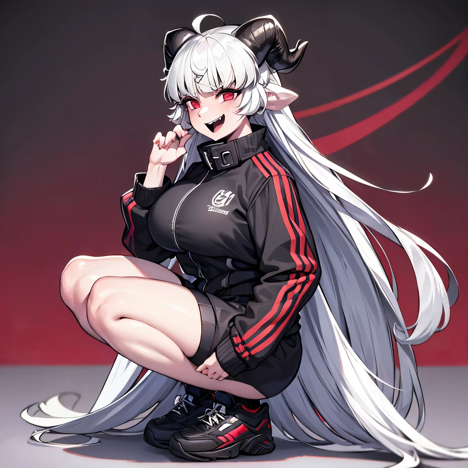 malina(helltaker), large breasts, pants, teeth, black horns, white hair, grey background, black footwear, jacket, short hair, squatting, track jacket, demon horns, demon girl, open mouth, solo, demon tail, looking at viewer, 1girl, red jacket, sneakers, red eyes, ahoge, shoes, simple background, horns, tail