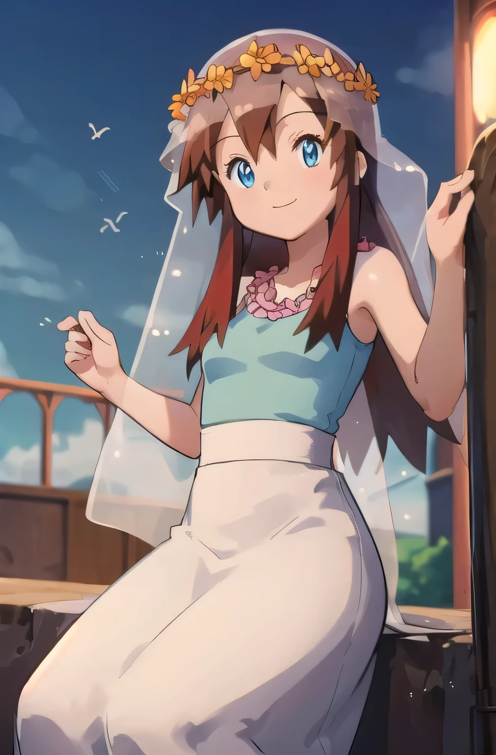 ((masterpiece, best quality)), anime style, Melody_Pokemon,  blue eyes, long hair, brown hair,  white dress,  blue tank, bridal veil, flowers, head wreath, solo, smiling, looking at viewer, cowboy shot,, curvy,,